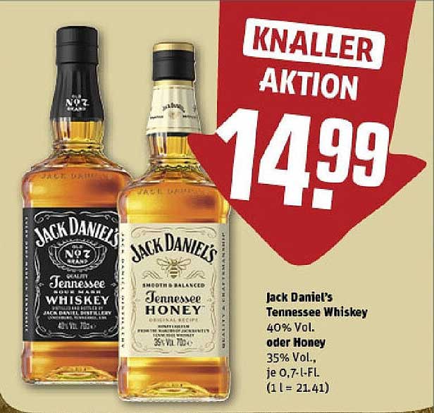 Jack Daniel's Tennessee Whiskey 40% Vol oder Honey 35% Vol