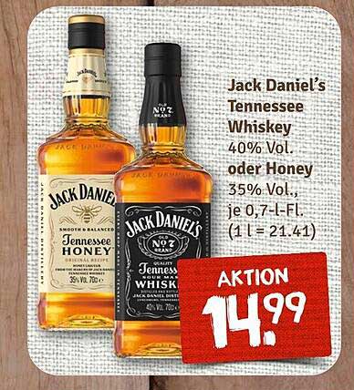 Jack Daniel’s Tennessee Whiskey 40% Vol oder Honey 35% Vol, je 0,7 l Fl.
