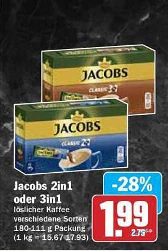 Jacobs 2in1 oder 3in1 löslicher Kaffee verschiedene Sorten