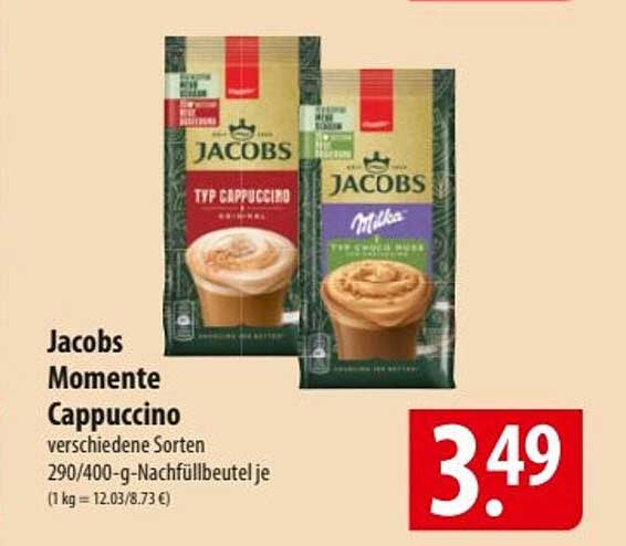 Jacobs Momente Cappuccino verschiedene Sorten 290/400-g-Nachfüllbeutel je