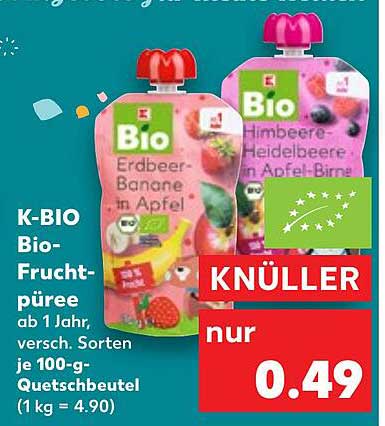 K-BIO Bio-Fruchtpüree ab 1 Jahr, verschiedene Sorten je 100-g-Quetschbeutel