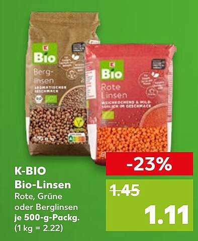 K-BIO Bio-Linsen Rote, Grüne oder Berglinsen je 500-g-Pack.