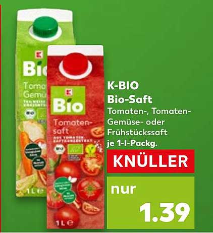 K-BIO Bio-Saft Tomaten-, Tomaten-Gemüse- oder Frühstückssaft je 1-L-Pack.