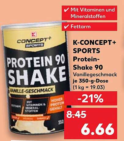 K-CONCEPT+ SPORTS Protein-Shake 90 Vanillegeschmack je 350-g-Dose