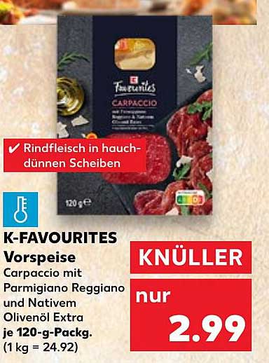 K-Favourites Carpaccio mit Parmigiano Reggiano und Nativem Olivenöl Extra 120-g-Packung