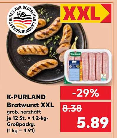 K-PURLAND Bratwurst XXL 12 Stück im 1,2-kg-Großpack
