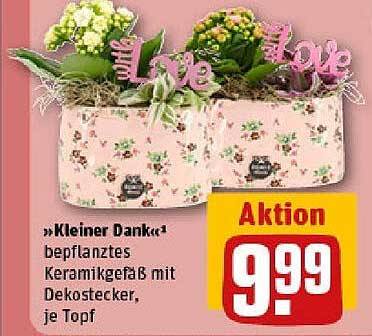»Kleiner Dank« bepflanztes Keramikgefäß mit Dekosticker, je Topf