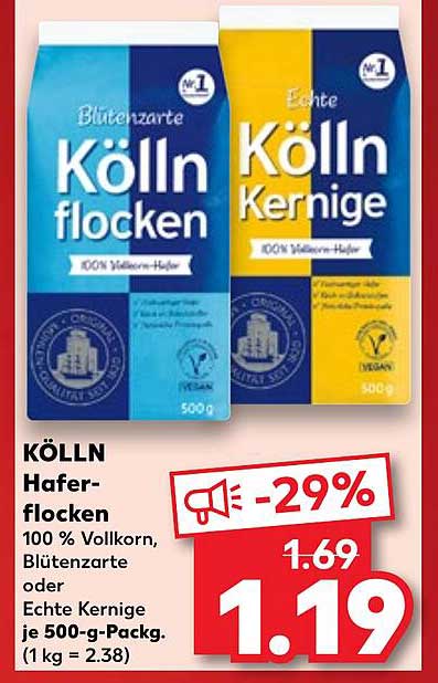KÖLLN Haferflocken 100 % Vollkorn, Blütenzarte oder Echte Kernige je 500-g-Pack.