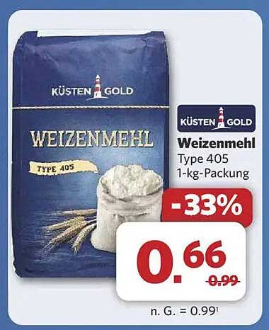 KÜSTEN GOLD Weizenmehl Type 405 1-kg-Packung