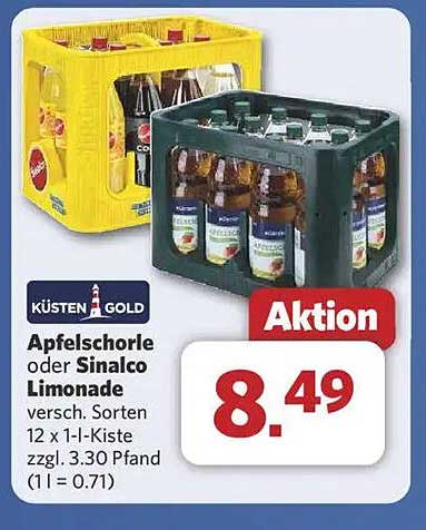 Küstengold Apfelschorle oder Sinalco Limonade 12 x 1-l-Kiste