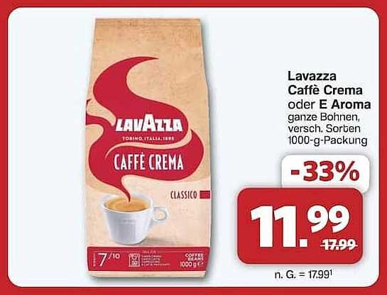 Lavazza Caffè Crema oder E Aroma ganze Bohnen, verschiedene Sorten 1000-g-Packung