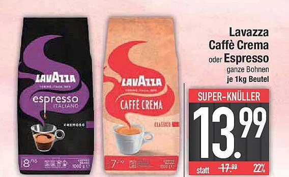 Lavazza Caffè Crema oder Espresso ganze Bohnen je 1kg Beutel