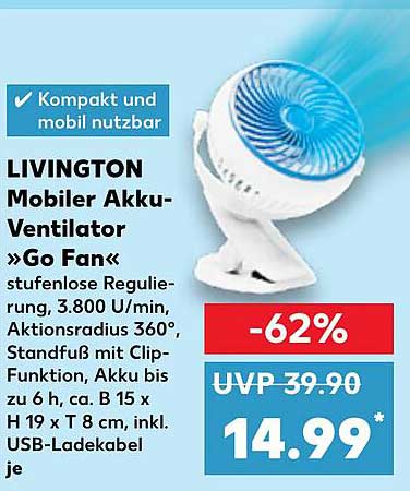 LIVINGTON Mobiler Akku-Ventilator »Go Fan«
