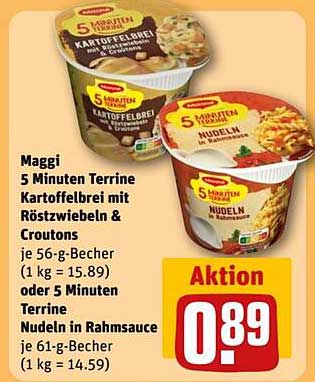 Maggi 5 Minuten Terrine Kartoffelbrei mit Röstzwiebeln & Croutons oder Nudeln in Rahmsauce