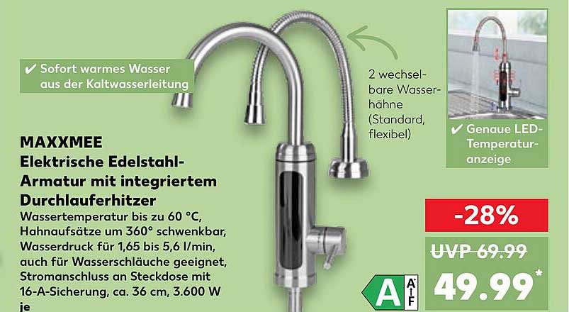 MAXXXMEE Elektrische Edelstahl-Armatur mit integriertem Durchlauferhitzer