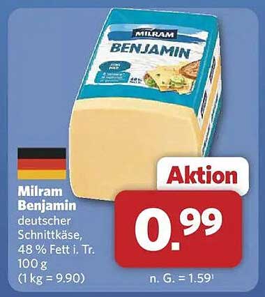 Milram Benjamin deutscher Schnittkäse, 48 % Fett i. Tr., 100 g für 0,99 €