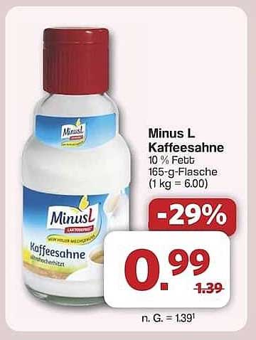 Minus L Kaffeesahne 10 % Fett 165-g-Flasche