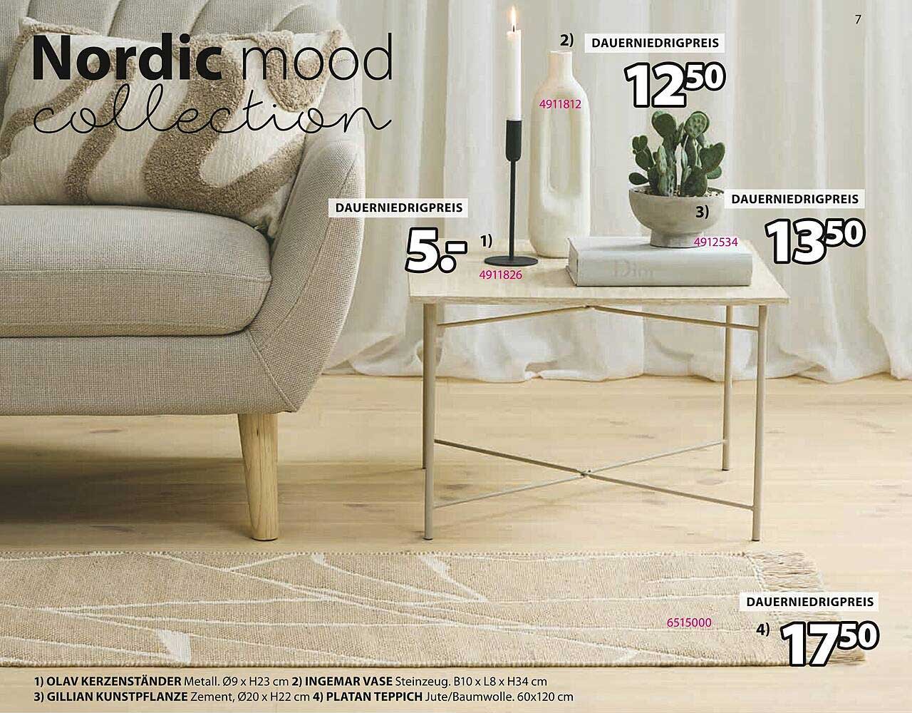 Nordic mood collection – OLAV Kerzenständer, INGMAR Vase, GILLIAN Kunstpflanze, PLATAN Teppich