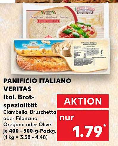 PANIFICIO ITALIANO VERITAS – Ital. Brotspezialität Ciambella, Bruschetta oder Filoncino Oregano oder Olive je 400 - 500-g-Pack.