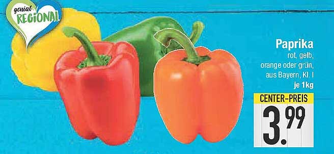 Paprika rot, gelb, orange oder grün, aus Bayern, Kl. I je 1 kg