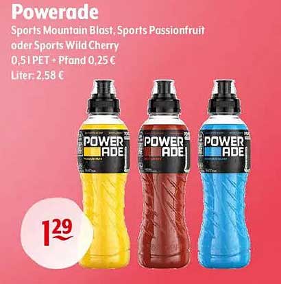 Powerade Sports Mountain Blast, Passionfruit oder Wild Cherry 0,5l für nur 1,29 €