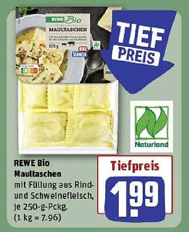 REWE Bio Maultaschen mit Füllung aus Rind- und Schweinefleisch, 250-g-Pckg