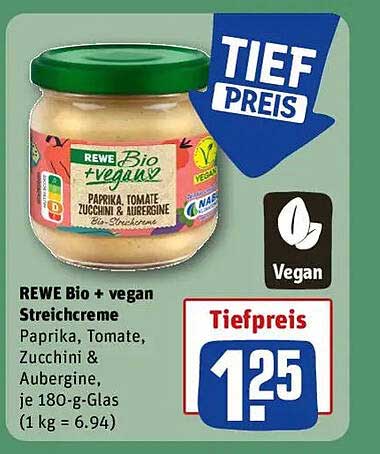 REWE Bio + vegan Streichcreme Paprika, Tomate, Zucchini & Aubergine, je 180-g-Glas
