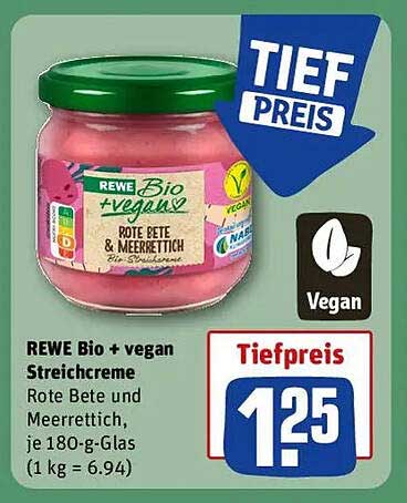 REWE Bio + vegan Streichcreme Rote Bete und Meerrettich, 180-g-Glas