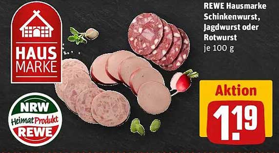 REWE Hausmarke Schinkenwurst, Jagdwurst oder Rotwurst je 100 g