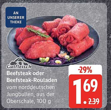 Rindersteak oder Rindersteak-Rouladen vom norddeutschen Jungbullen, aus der Oberschale, 100 g