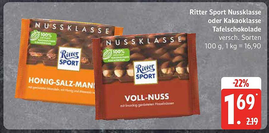 Ritter Sport Nussklasse oder Kakaoklasse Tafelschokolade