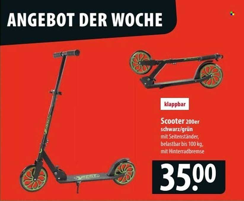 Scooter 200er schwarz/grün mit Seitenständer, belastbar bis 100 kg, mit Hinterradbremse