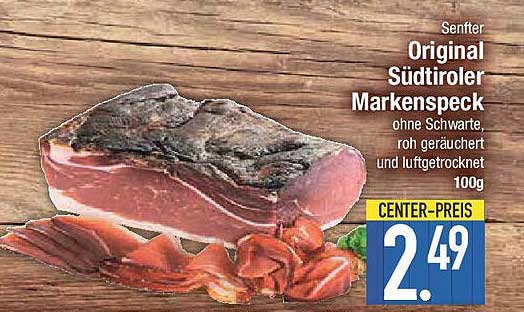 Senfter Original Südtiroler Markenspeck ohne Schwarte, roh geräuchert und luftgetrocknet 100g