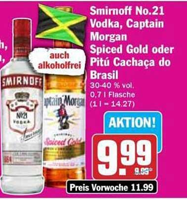 Smirnoff No.21 Vodka, Captain Morgan Spiced Gold oder Pitú Cachaça do Brasil