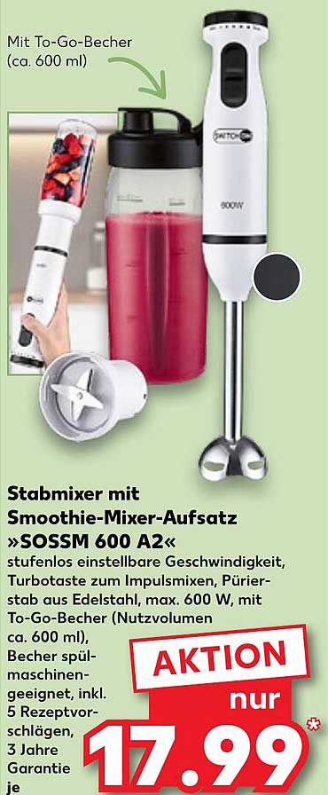 Stabmixer mit Smoothie-Mixer-Aufsatz »SOSSM 600 A2«