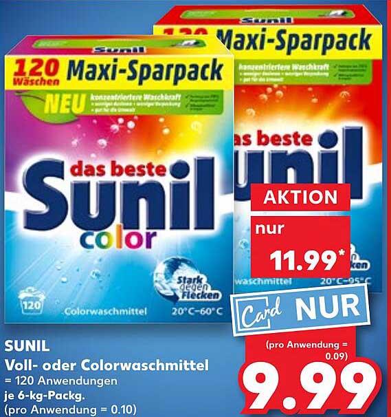 SUNIL Voll- oder Colorwaschmittel - Maxi-Sparpack mit 120 Anwendungen