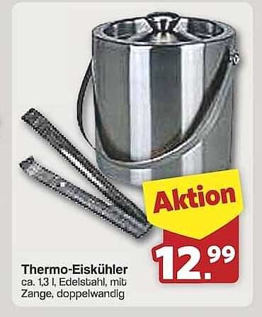 Thermo-Eiskühler ca. 1,3 l, Edelstahl, mit Zange, doppelwandig