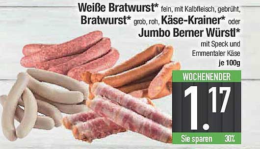 Weiße Bratwurst, Bratwurst, Käse-Krainer oder Jumbo Berner Würstl