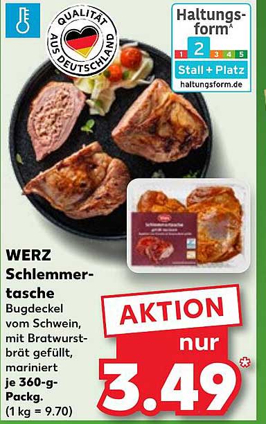 WERZ Schlemmer-Tasche Bugdeckel vom Schwein, mit Bratwürstbrät gefüllt, mariniert je 360-g-Pack.
