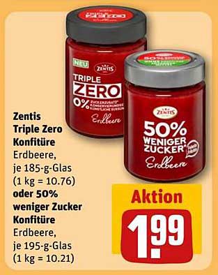 Zentis Triple Zero Konfitüre Erdbeere 185-g-Glas oder 50% weniger Zucker Konfitüre Erdbeere 195-g-Glas