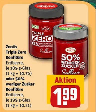 Zentis Triple Zero Konfitüre Erdbeere, 185 g-Glas oder 50% weniger Zucker Konfitüre Erdbeere, 195 g-Glas