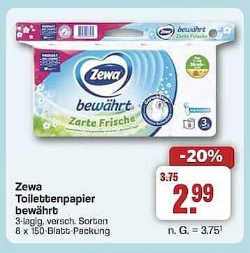 Zewa Toilettenpapier bewährt Zarte Frische 8 x 150-Blatt-Packung