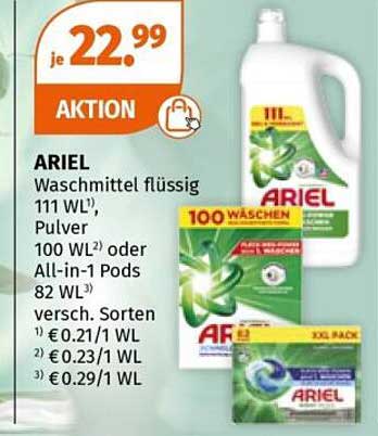 ARIEL Waschmittel flüssig 111 WL¹, Pulver 100 WL² oder All-in-1 Pods 82 WL³ versch. Sorten