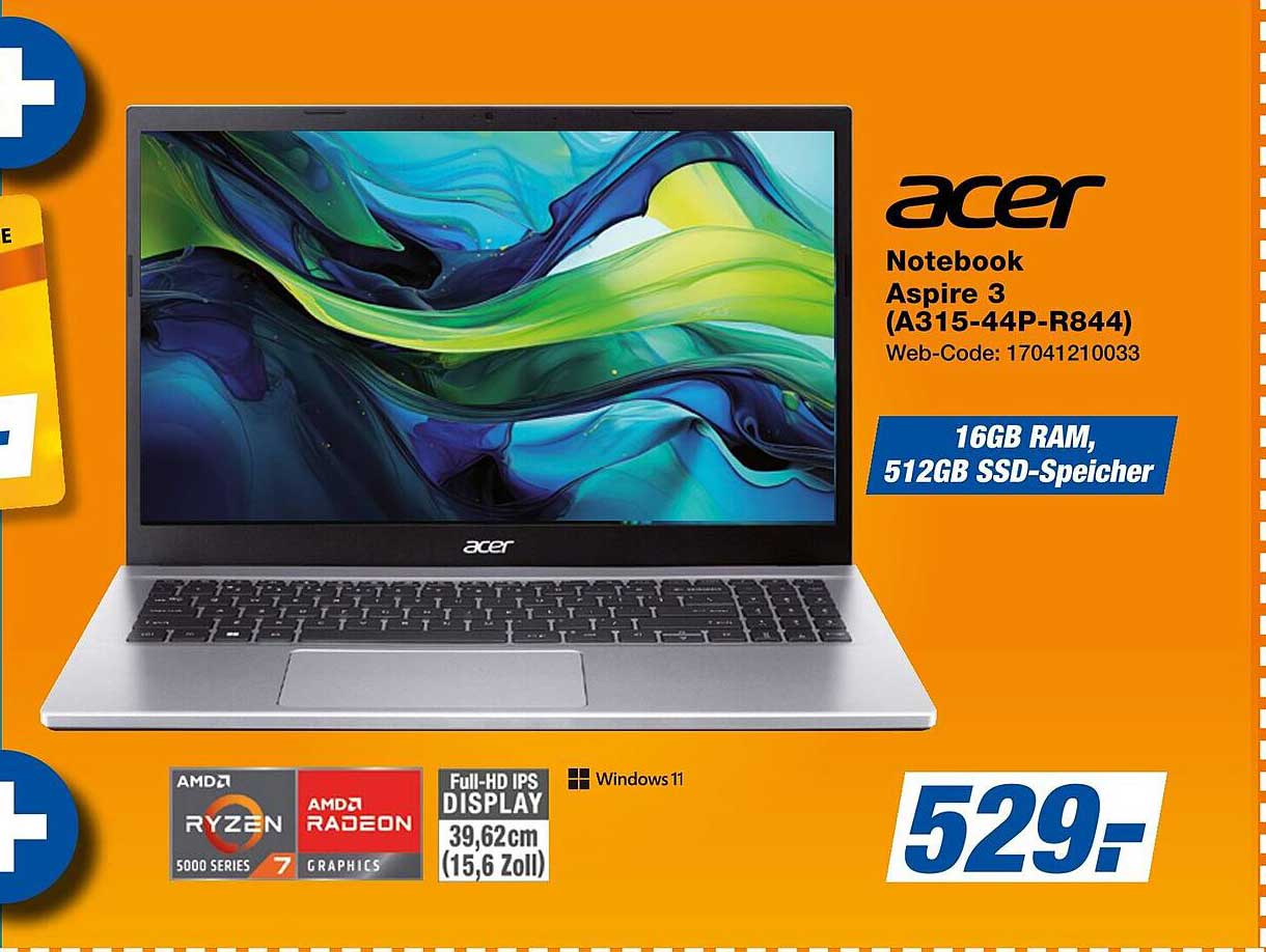 acer Notebook Aspire 3 (A315-44P-R844) - 16GB RAM, 512GB SSD-Speicher