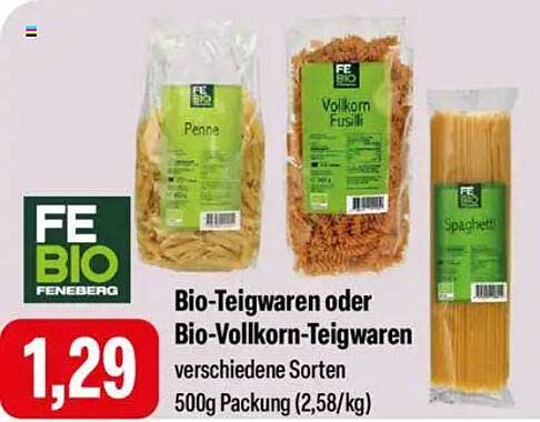 Bio-Teigwaren oder Bio-Vollkorn-Teigwaren 500g Packung