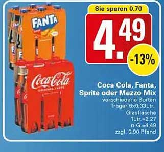 Coca Cola, Fanta, Sprite oder Mezzo Mix – 6er Träger 0,33L
