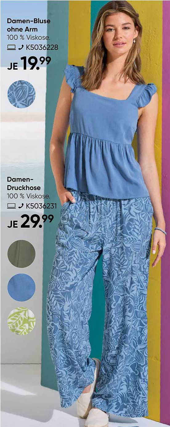 Damen-Bluse ohne Arm 100 % Viskose und Damen-Druckhose 100 % Viskose