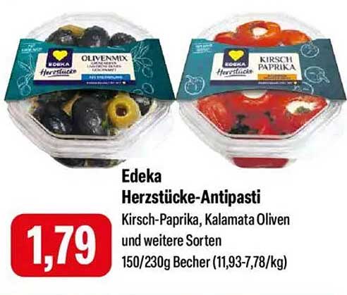 Edeka Herzstücke-Antipasti Kirsch-Paprika, Kalamata Oliven und weitere Sorten