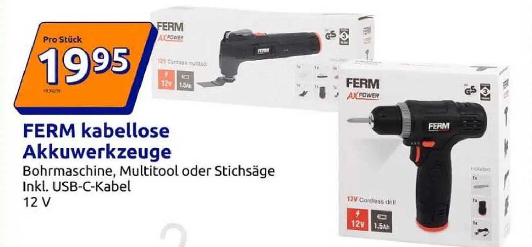 FERM kabellose Akkuwerkzeuge: Bohrmaschine, Multitool oder Stichsäge inkl. USB-C-Kabel