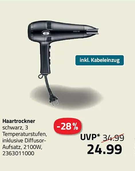 Haartrockner schwarz, 3 Temperaturstufen, inklusive Diffusor-Aufsatz, 2100W